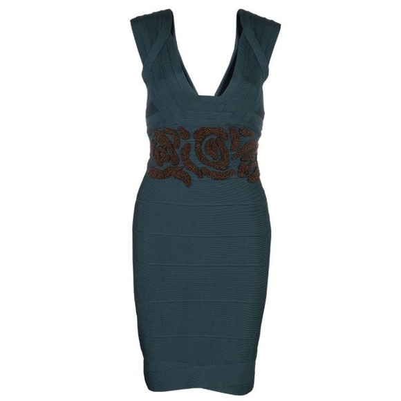 Herve LegerEmerald Green Beaded Waist Detail Sleeveless Bandage Dress XXS
